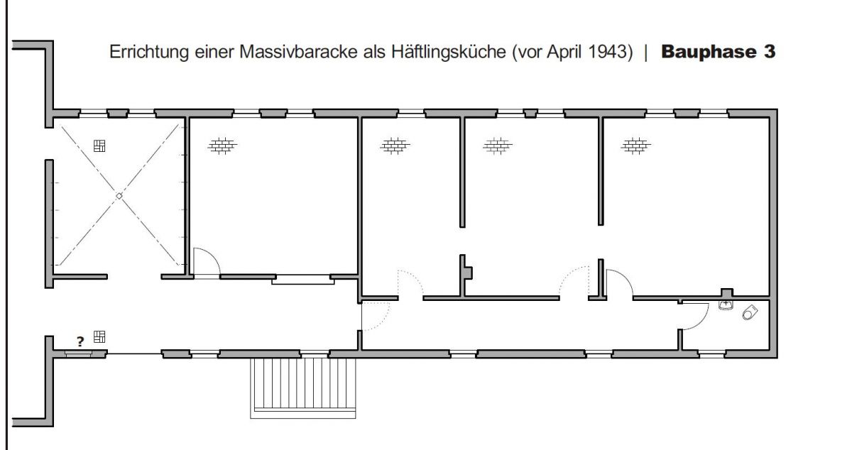 Im rekonstruierten Grundrissplan des Bauzustands zeigt sich die Raumstruktur des Küchenanbaus um 1942. Rekonstruktionszeichnung 2019 (Schulz+Drieschner GbR, Berlin).